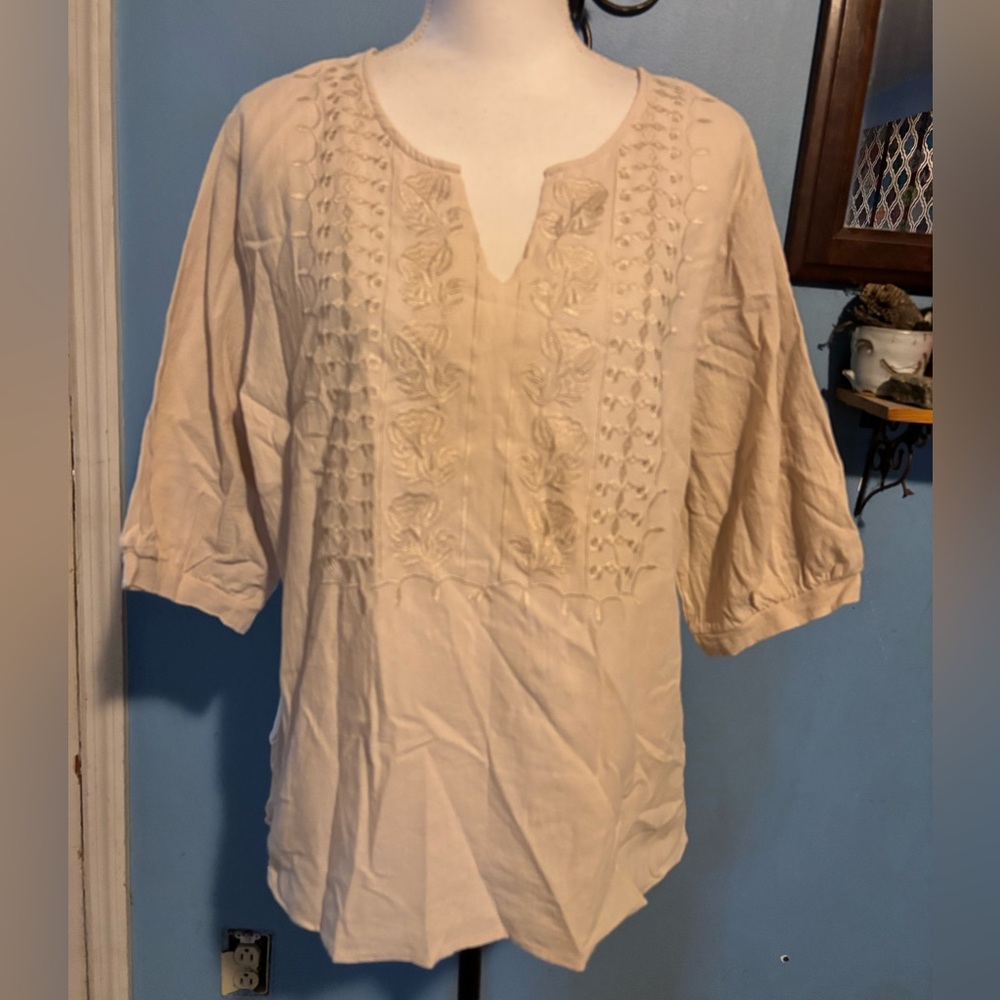 Linen Blend, Embroidered, BoHo, Top